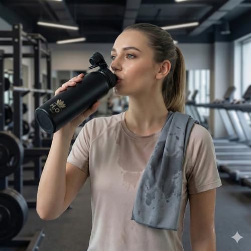 Premium 1 Liter Water Bottle (33.8 oz) with Carrying Case & Strap - Double Wall Vacuum Insulated Stainless Steel Water Bottle - Leakproof Lid, Wide Mouth, BPA-Free, Removable Strainer – Black - color: Black