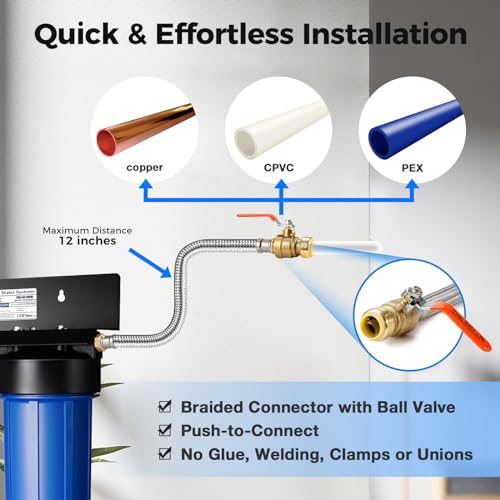 iSpring WGB32B-KS+AHPF12MNPT16X2 3-Stage Whole House Water Filter, Reduces Heavy Metals, Hydrogen Sulfide, Chlorine, Chloramine, Sediments w/ 3/4'' Push-Fit Braided Stainless Steel Hose Connectors - style: Heavy Metals Removal