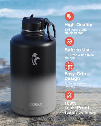 Coolflask 87 oz Insulated Water Bottle Stainless Steel with Straw & 3 Lids | 2/3 Gallon Large Water Jug, Triple-Wall Vacuum, Cold 48+h/Hot 24+h, Dishwasher Safe, BPA-Free, for Gym & Hiking - color: Piano Night, size: 87 Ounces