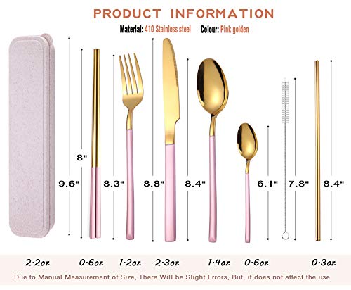 AARAINBOW 7 Pieces Stainless Steel Flatware Set Portable Reusable Cutlery Set Travel Utensils Set Including Chopsticks Knife Fork Spoon Straws Cleaning Brush Dishwasher Safe (Pink Golden) - color: Pink Golden