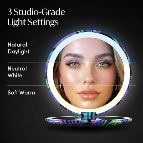 Fancii Taylor LED Lighted Compact Travel Mirror, Rechargeable, 10x /1x Magnifying, 3 Light Settings - Best for Makeup, On The Go Touch-Ups, Grooming (Neon Oasis) - color: Neon Oasis