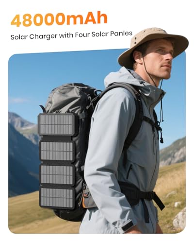 Solar Power Bank 48000mAh Built in 4 Cables, Wireless Portable Charger | Solar Charger with 4 Solar Panels, Wireless Charging, Built in 4 Cables, PD QC 3.0 Fast Charging, Flashlight for Camping - color: Black