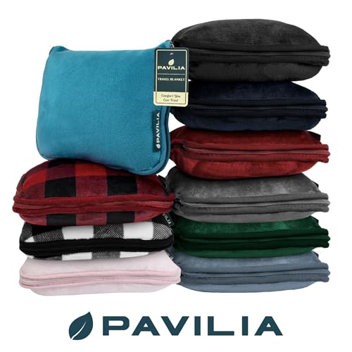 PAVILIA Travel Blanket Pillow, Soft Airplane Blanket 2-in-1 Combo Set, Plane Blanket Compact Packable, Flight Essentials Car Pillow, Travelers Gifts Accessories, Luggage Backpack Strap, 60x43 Red - color: Wine