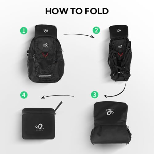 WATERFLY Lightweight Packable Hiking Backpack, 30L Day Pack Black | Foldable, Water Resistant Travel Daypack with Multiple Pockets, Wet Pocket, Ultralight Day Pack for Woman Man, Everyday Carry - color: Black