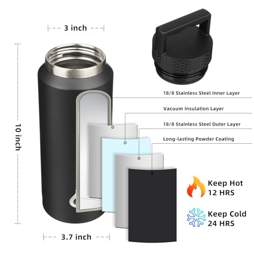 BJPKPK 36oz Insulated Water Bottle Stainless Steel Water Bottle with Handle - color: Black, style: 36oz