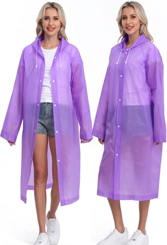 2-Pack Reusable Rain Ponchos for Adults, HOOMBOOM Raincoats Emergency for Women/Men with Drawstring and Sleeves - color: Purple