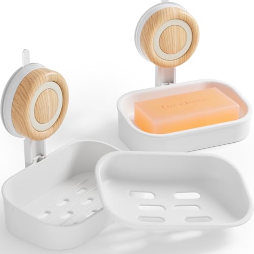Double Layer Soap Dish for Shower 2 Pack, Wall Mounted Bar Soap Holder Suction Cup 2 Layer Self Draining Soap Case Sponge Holder for Shower Bathroom, Tub and Kitchen Sink, White - color: White