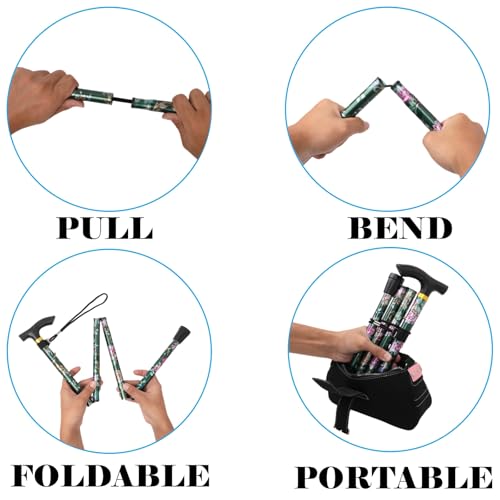 Folding Lightweight Walking Stick - Adjustable Aluminum Metal Collapsible Travel Cane with Non-Slip Rubber Base - color: Green Floral