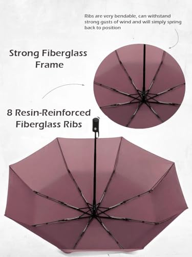 Windproof Travel Umbrella - Compact, Light, Full Automatic Open/Close - Folding Backpack Umbrella for Rain & Sun UV Preotection For Men & Women, Unbreakable 8 Fiberglass Ribs UK Design - color: Pecan