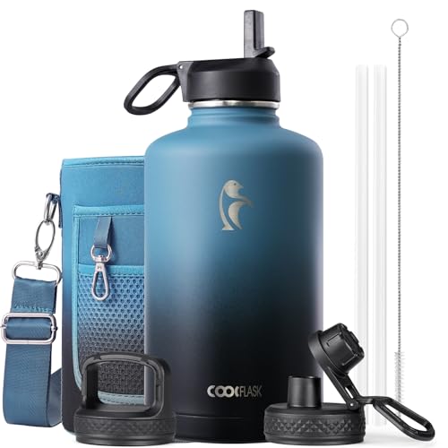 Coolflask Water Bottle 87 oz with Straw, 2/3 Gallon Insulated Stainless Steel Large 3 Lids Big Water Jug for Sports or Office, Non-BPA Keep Cold Up to 48 Hrs or Hot Up to 24 Hrs, Samurai Cyan - color: Samurai Cyan, size: 87 Ounces