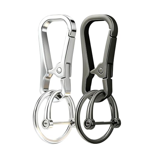 Metal Key Chain Carabiner Clip with Key Ring and D Ring | Heavy duty build, full accessory packs, quick release, multi purpose hook, belt loop holder, separate home and car fob sets - color: 2 Pcs Black+silver
