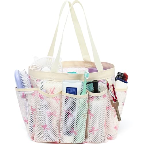 Fammart Mesh Shower Caddy Portable for College Dorm Room Essentials, Odorless Polyester Large Shower Tote Bag with Dual Handles, 8-Pocket Quick-Dry Toiletry Organizer for Travel, Beach, Camping, Gym - color: Multiple Pockets, 1 Pack - Pink Butterfly