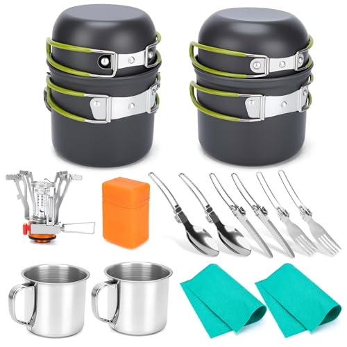 Camping Cookware Set, 16pcs Lightweight Backpacking Mess Kit with Camping Pots and Pans, 2 Cups, Fork Spoon, Survival Cooking Kit for Outdoor Hiking and Picnic