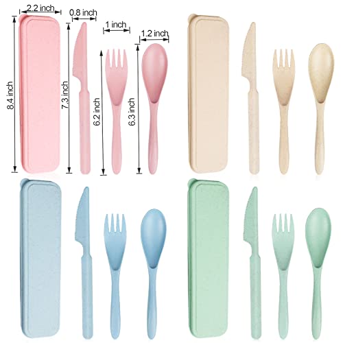 Reusable Travel Utensils Set with Case, 4 Sets Wheat Straw Portable Knife Fork Spoons Tableware, Eco-Friendly BPA Free Cutlery for Kids Adults Picnic Camping Utensils(Green, Beige, Pink, Blue) - color: 4 Sets - Green, Beige, Pink, Blue