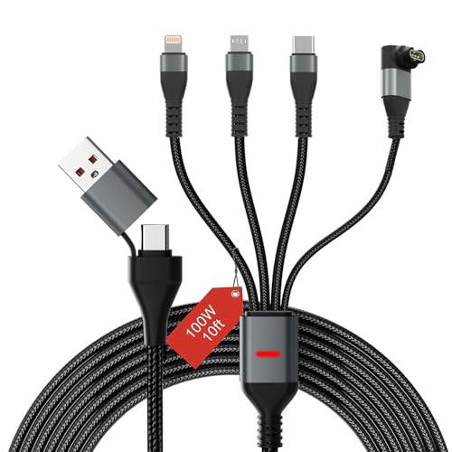 100W Multi Charging Cable for Garmin Watch - 10ft Multiple USB Fast Charging Cord with USB-C (100W), Lightning, Micro-USB & Garmin Watch Charger, Braided for iPhone 17-6, iPad, Android, Laptop