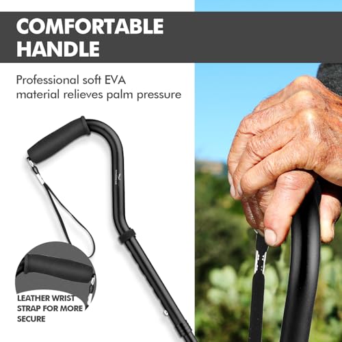Self Standing Walking Cane Quad Base for Seniors | Lightweight aluminum, foldable design, 31–36 in adjustable height, EVA offset handle, self-standing quad base - color: Dark Blue