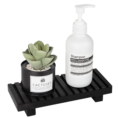 Bathroom Tray Rustic Farmhouse Decor Wood Stand, 8.6" * 3.6" Black | Waterproof, Lightweight, Easy Clean, Wood Riser Kitchen soap holder Accessories for Office Desk, Vanity, Counter, Sink - color: Black, size: 8.7" x 3.6" x 1.6"