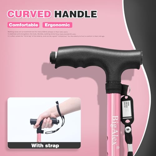 BigAlex Folding Walking Cane with LED Light,Pivoting Quad Base,Adjustable Walking Stick with Carrying Bag for Men/Women - color: Pink(4'9"-5'6")