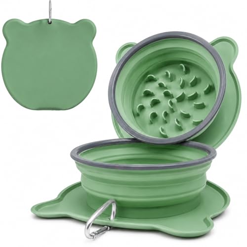 Collapsible Dog Bowls, 2-in-1 Silicone Pet Food and Water Bowl with Carabiner - Portable Double Compartment Travel Dish for Dogs, Ideal for Camping, Hiking, Car Rides, Puppy Essentials(Green) - color: Green