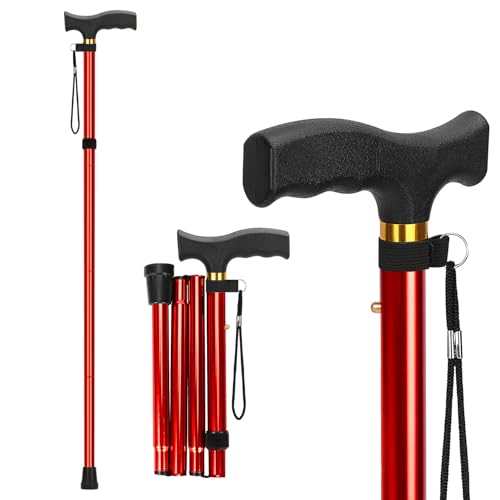 supregear Folding Cane, Lightweight 5-Level Adjustable Walking Stick with Wrist Strap and T-Handle, Portable Mobility Aid for Elderly and Disabled Men and Women - color: Red