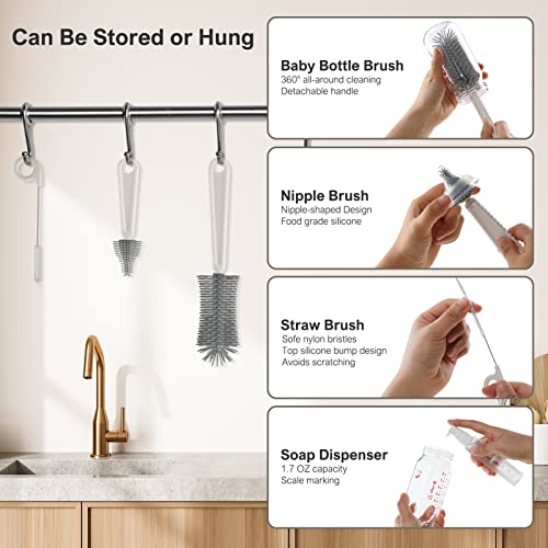 Baby Bottle Brush,6 in 1 Bottle Cleaner Set with Extendable Silicone Bottle Brush,Drying Rack,Nipple & Straw Brushes,Soap Dispenser & Organizer Case,Ideal Gifts for Babies& Moms - color: White