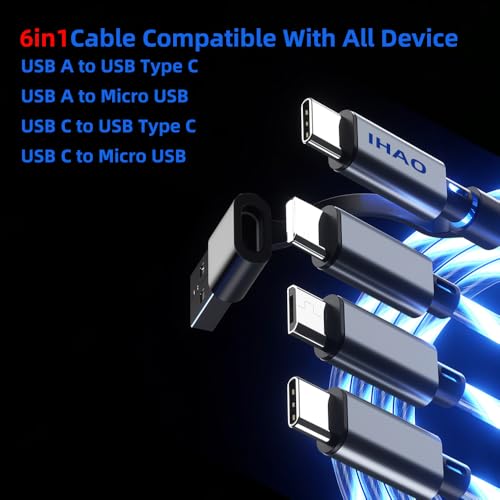 IHAO Multi Connectors Fast Charging Cable 6 Combinations in One Cable USB A/Type C to USB C/Micro USB Cord Lighted Up LED Flowing Compatible with Most of Electric Device-39 Inches Blue - color: 6 Combinations LED Blue