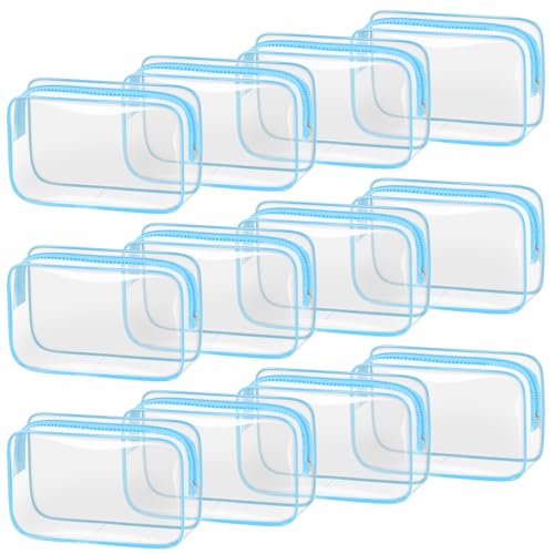 TISRATOK 12 PCS Clear Makeup Bags with Zipper, TSA Approved Toiletry Pouch - color: Blue, size: medium