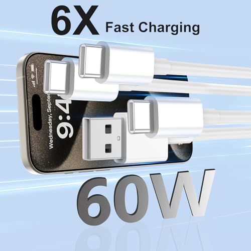 4 Pack 3/3/6/6FT 60W USB C to USB C Cable & USBA to USBC Fast Charging Cord | Car Carplay USB C Charge Cable for iPhone 17 16 15 Pro Max, Type C Cable for Samsung S26/S25, MacBook Pro/Air, iPad - White - color: White, size: 3ft+3ft+6ft+6ft