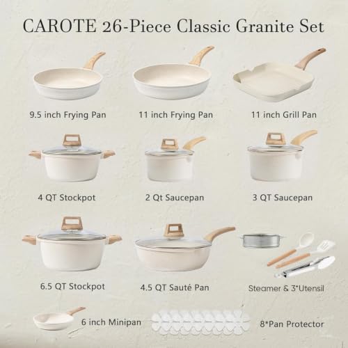 CAROTE 26pcs Pots and Pans Set, Nonstick Cookware Sets, with Grill Pan - color: Cream White, size: 26 Piece