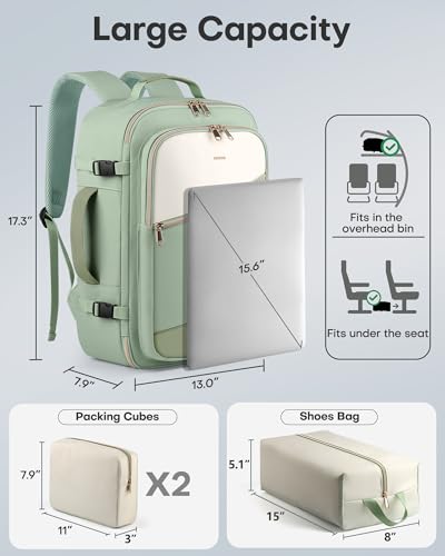 HOTOR Travel Backpack Women, 3 Packing Cubes Carry on Luggage - color: Green, size: 18.5" x 13.0" x 8.3"