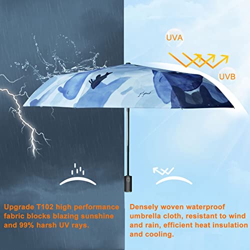 Cuby UV Sun Umbrella Compact Folding Travel Umbrella Auto Open and Close for Windproof, Rainproof & 99.9% UV Protection Parasol with Black Anti-UV Coating (Blue Whale) - color: Blue Whale