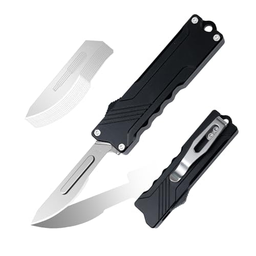 XXOK Utility knife Scalable EDC small pocket knife with clip Box Cutter equipped with 10 razors and sharp surgical carbon steel replacement blades # 24 black - color: Black