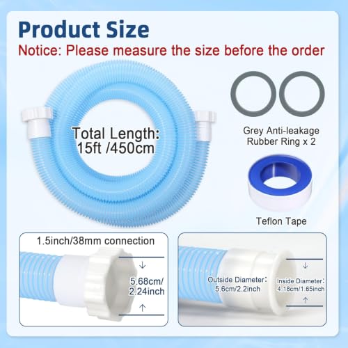 15ft 1 1/2" Pool Hose for Above Ground Pools 15ft Long Pool Pump Replacement Filter Hoses 1.5" EVA Swimming Pools Filter Hose for Filters Pumps, Saltwater Systems and Sand Filters (Transparent Blue) - color: Conderyang