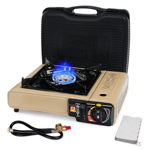 SHINESTAR 7800 BTUs Portable Butane or Propane Camping Stove, Wind Guard | For Outdoor Cooking, Camping, Emergencies, BBQ, Hiking & Backpacking, Propane Adapter Hose, Guard & Carrying Case Included - color: Khaki - 7800 BTU Dual Fuel with Windscreen