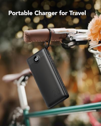 VRURC Portable Charger 20000mAh, Built-in Cables Fast Charging Power Bank, PD QC 3.0 Travel Essentials Battery Pack, 4 Output & 2 Input Phone Charger for iPhone, Samsung, Android - color: Black