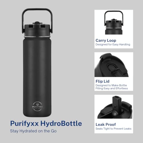 HydroBottle | Stainless Steel Filtered Water Bottle, 24 oz | BPA-Free, Removes Lead, Chlorine, Arsenic, VOCs | Filter Lasts 3 Months, Replaces 568 Plastic Bottles (Black)