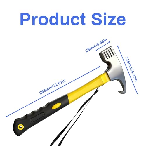 Camping Hammer with Tent Stake Remover, 12" Heavy Duty Steel Tent Mallet Rubber Covered Anti-Slip Handle & Holding Strap Multi-Functional for Camping, Backpacking, Hard Places (Yellow) - color: Yellow