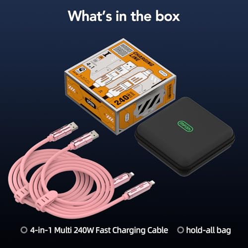MFish 2-Pack 240W 4-in-1 Multi Charging Cable, Pink+Pink, 6.6FT | Carrying Case, USB-A & USB-C to USB-C/Lightning, For iPhone 17/16/15/14, MacBook, iPad, Laptop, Samsung S25/S24 - color: Pink+Pink, size: 2-Pack 6.6FT