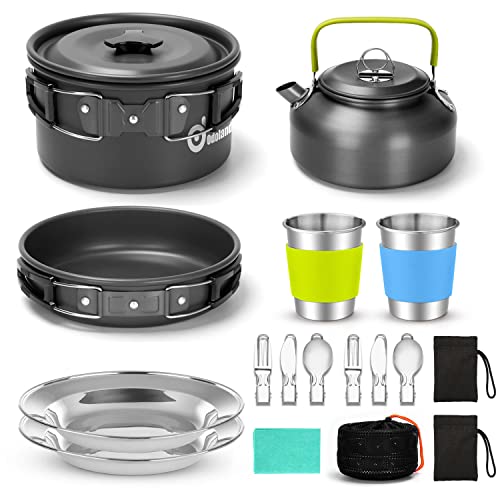 Odoland 15pcs Camping Cookware Mess Kit, Lightweight Pot Pan Kettle Set | Anodized aluminum, for hiking, outdoor cooking and picnic, 1.9L pot 0.8L kettle 0.86L pan mess kit, little compact pot set - style: Black