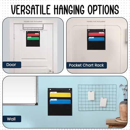 Essex Wares - 2 Pocket File Folder Pocket Chart, Black, 14" Wide x 16" Tall | Versatile Wall Hanging File Folder Organizer for Classrooms, Offices, Home, and More - Wall Folder Organizer - size: 2 Pocket