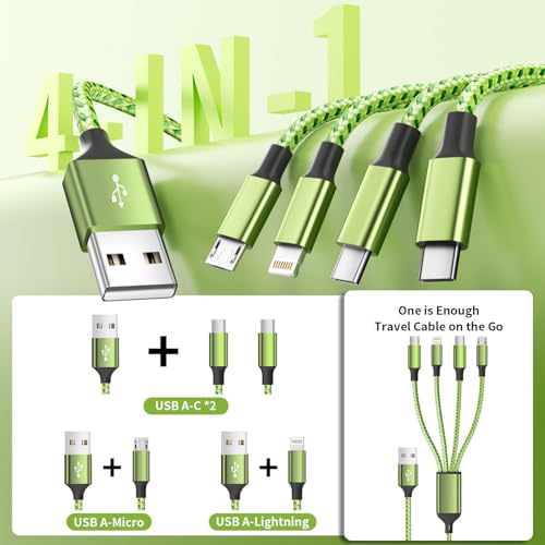 4 in 1 Dual Type C Multi Charging Cable, Charging Cord for Multiple Devices | 2 Pack 5FT USB Charging Cable with 2 USB C/IP/Micro USB Charger, Phone Charger for iPhone 17-8/ Android/Pad and More - color: Fluorescent green