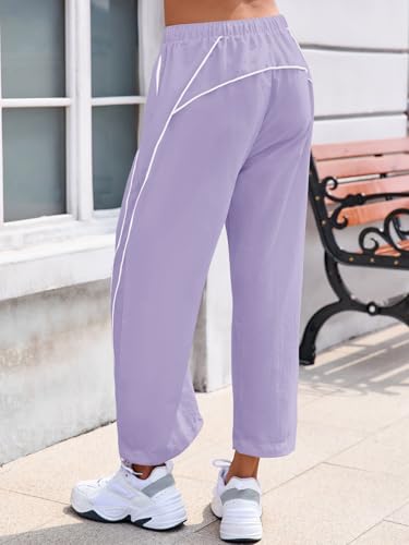 Fisoew Womens Baggy Wide Leg Casual Elastic Waist Cropped Pants - color: Violet, size: Small