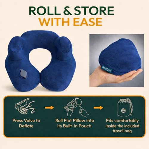 Inflatable Travel Neck Pillow with Adjustable Memory Foam Sides | Lightweight, Soft & Portable Support (Navy Blue, Standard) - color: Navy Blue