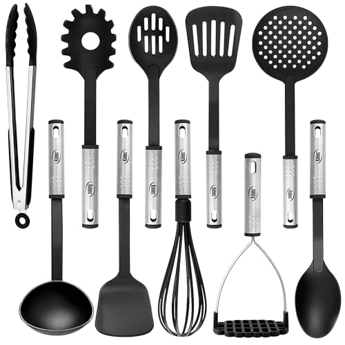 Kitchen Utensils Set, 10 Nylon Stainless Steel Cooking Utensils, Non Stick and Heat Resistant Cookware set New Chef's Gadget Tools Collection - color: Black
