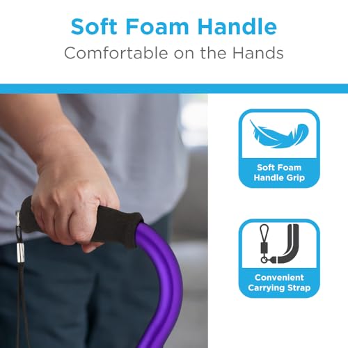 Nova Joy Designer Offset Quad Cane for Seniors - Unisex Adjustable Lightweight Walking Aid with Foam Handle, Wrist Strap and Anti-Rattle Lock - Essential Mobility Support - Purple - color: Purple