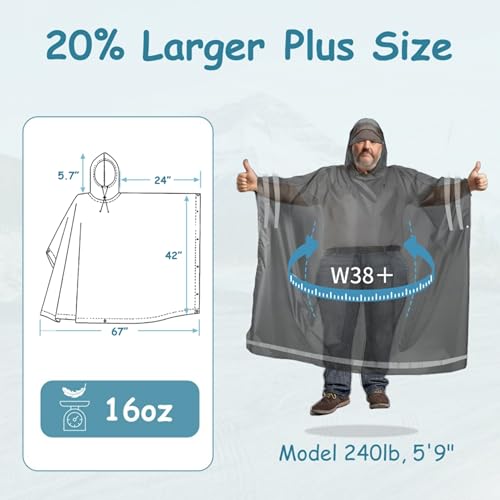 Plus Size Rain Poncho with Hood and Reflective Stripes, Big and Tall Rain Poncho, Ideal as Rain Ponchos for Adults - color: Black