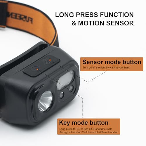 Motion Sensor Headlamp, Super Bright LED Rechargeable Headlight, Waterproof 8-Mode Flashlight with Red/White Light for Camping, Hiking, Running, Fishing