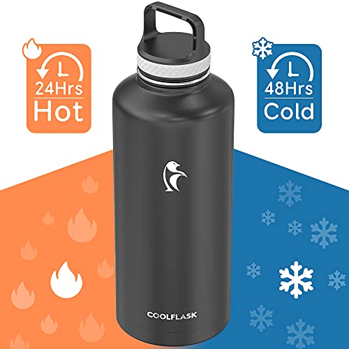 Coolflask 87 oz Insulated Water Bottle Stainless Steel with Straw & 3 Lids - color: Magic Black, size: 87 Ounces