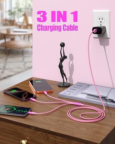 3 in 1 Multi Charging Cable for Multiple Devices Fast Charge Cord 2Pack 4FT | Car Travel Essentials,MFI Certified Universal Phone Charger with Type C/Micro USB/Lightning for iPhone17-5 iPad Android Rose - color: Rose-4ft