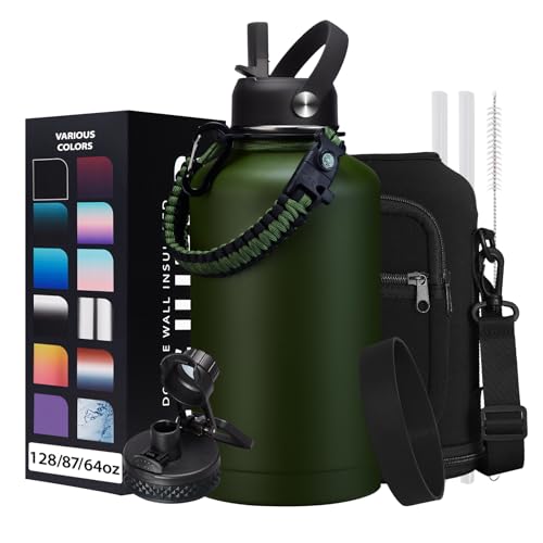 64oz Insulated Water Bottle with Straw & Auto Spout Lid - (Cold 48H & Hot 24H) Half Gallon Stainless Steel Water Jug with Paracord Handle, Metal Tactical Military Water Flask with Carrier Strap Bag - color: Army Green, size: 64 Ounces